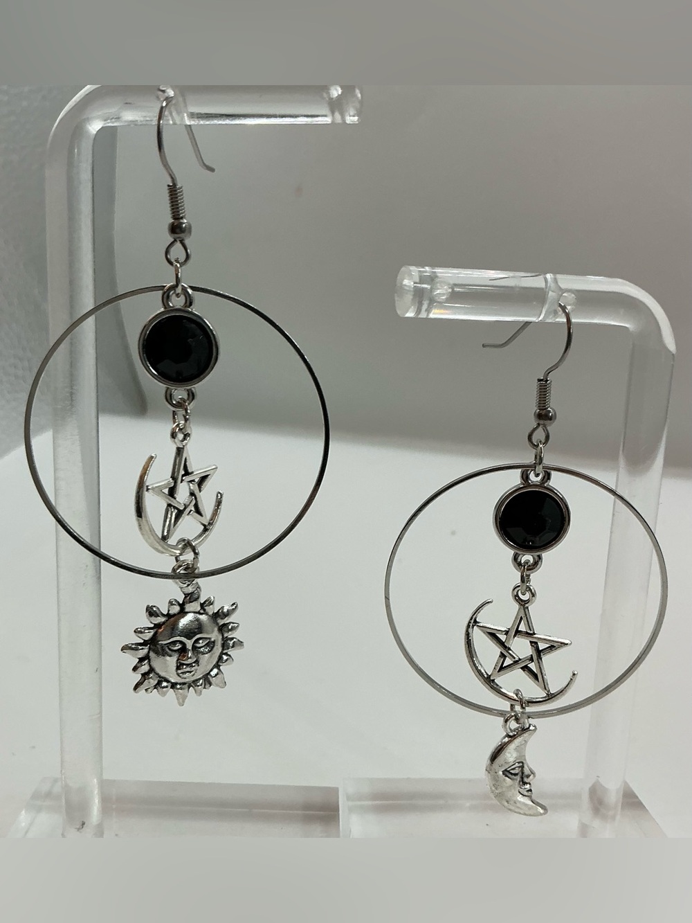 SILVER TONE MISMATCHED SUN AND MOON LARGE DANGLE EARRINGS
